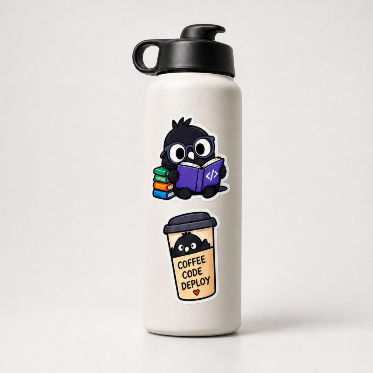 Botella con un sticker de vinil aplicado, ejemplo de uso